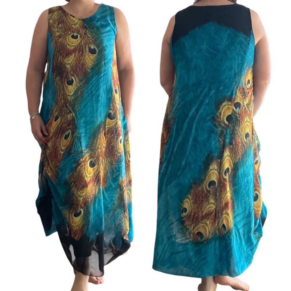 Wantdo Peacock Print Sleeveless‎ lined Maxi Dress Flowy Bohemian Style 3XL